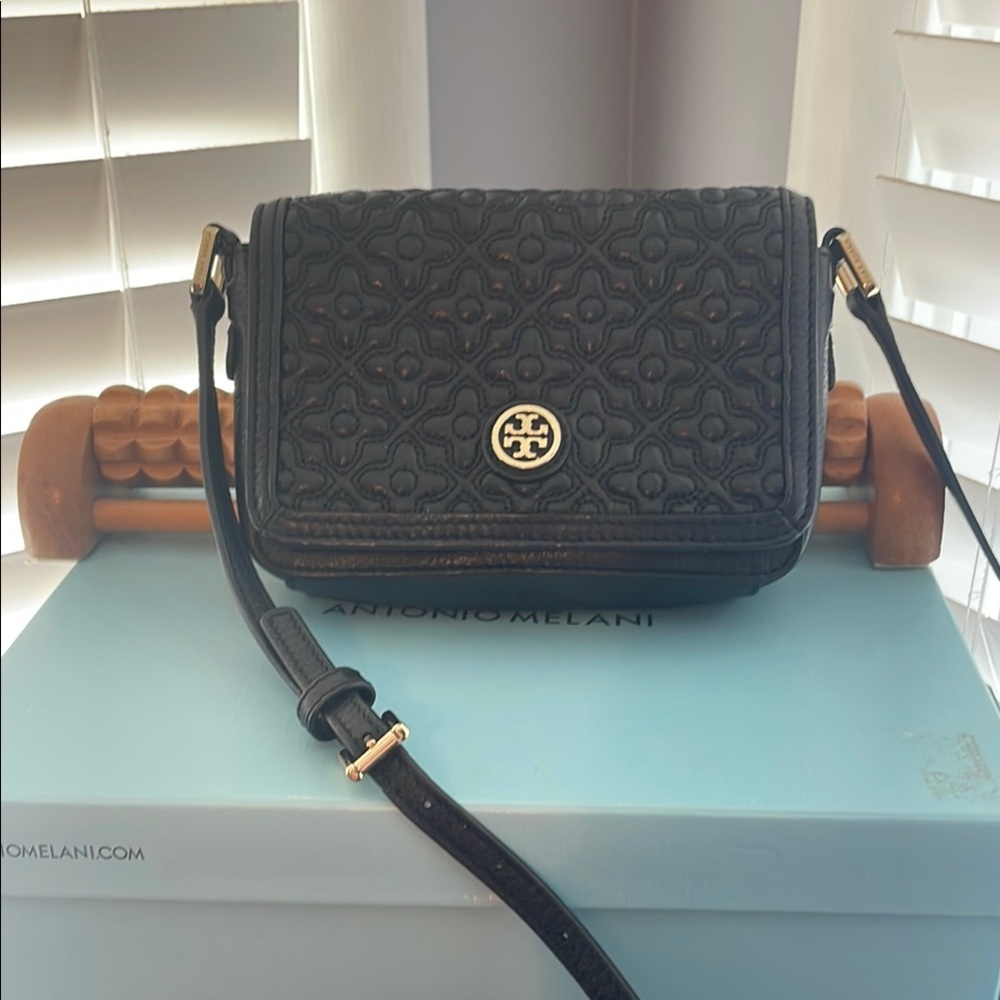 Tory Burch Black Leather Crossbody Bag with Quilted Design